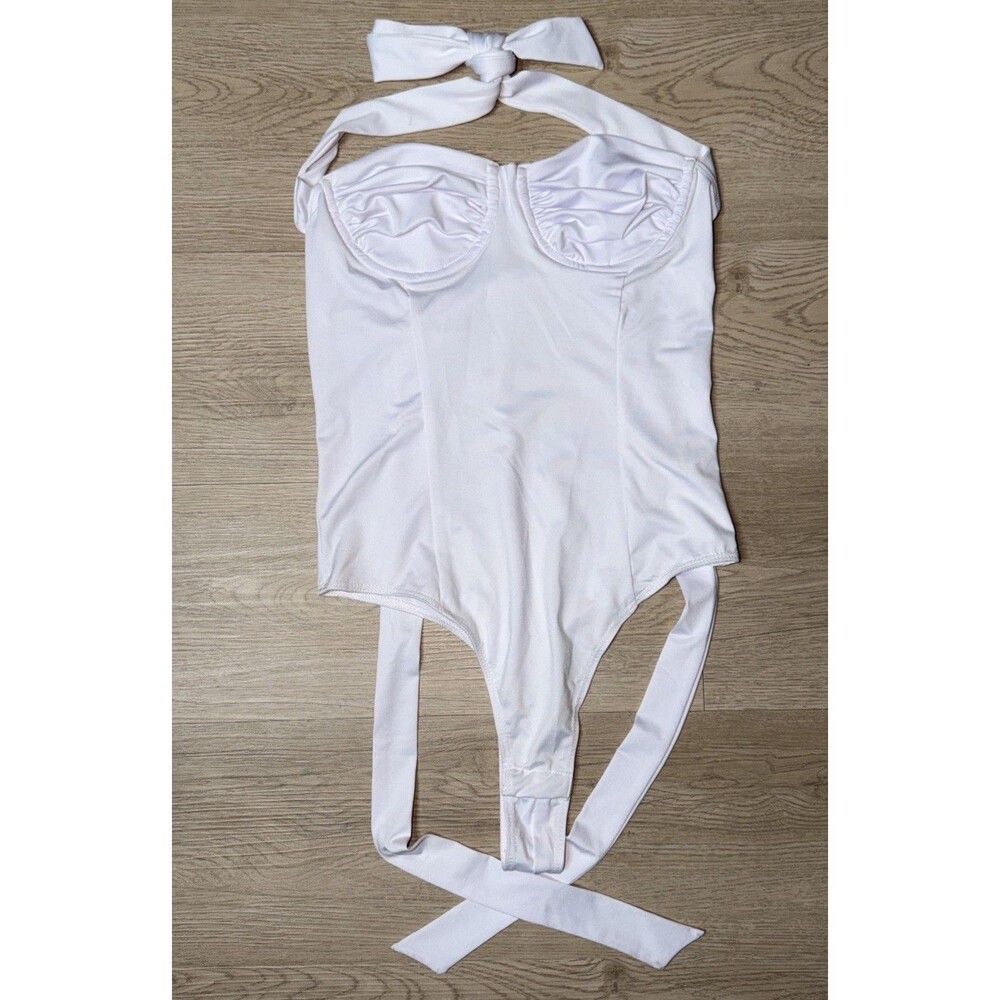 NWT American Threads Bodysuit Small Swimsuit White Sleeveless Bustier Halter USA